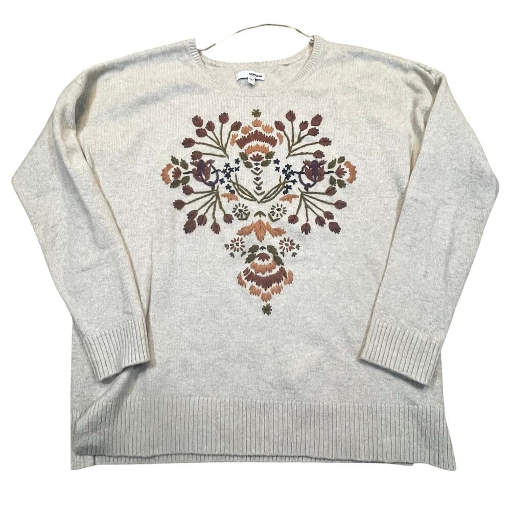 Sonoma Womens L Floral Embroidered Knit Sweater Neutral Cottagecore